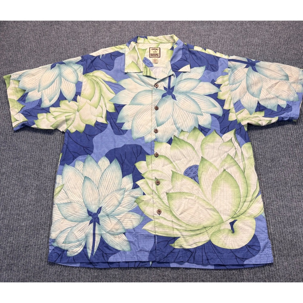 Tommy Bahama Mens XL Silk Lotus Flower Print Short Sleeve Camp Shirt Blue Green